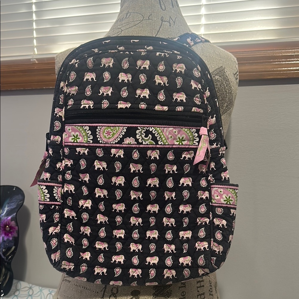 Vera Bradley Black Backpack With Pink Elephant Pa… - image 1